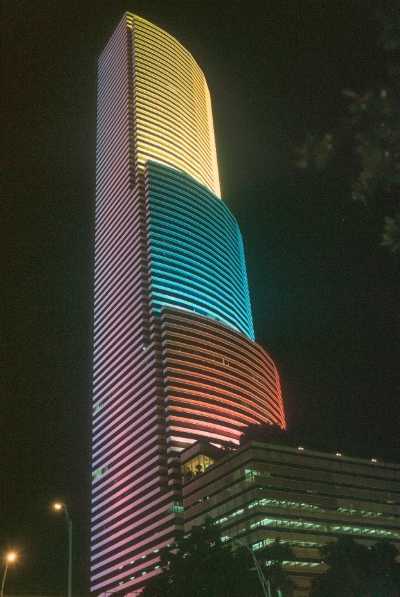 Colombian flag colors on illuminated building in Miami